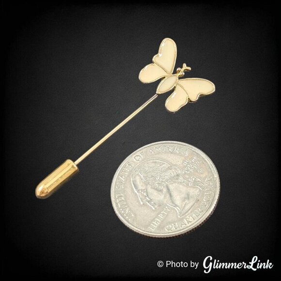 Vintage Cream Enamel Butterfly Gold Tone Stick Pin - Picture 3 of 11